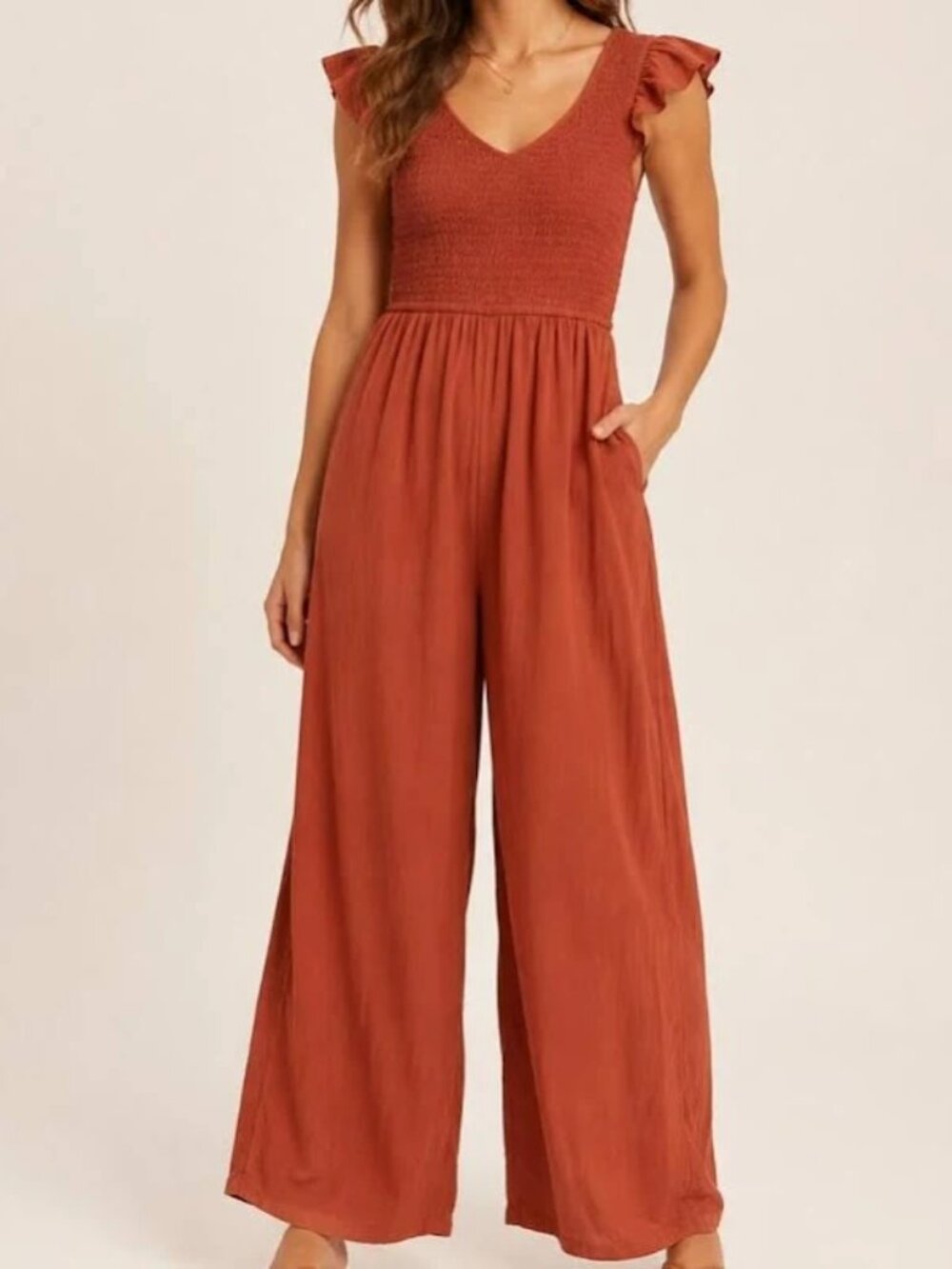Japna Dusty Rose Smocked Flutter Sleeve Jumpsuit w/ Pockets (M)